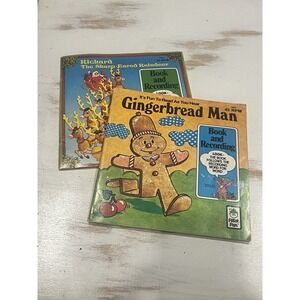 Lot of 2 Vintage‎ 1981 Children's Books With 45 Record Gingerbread Man Santa